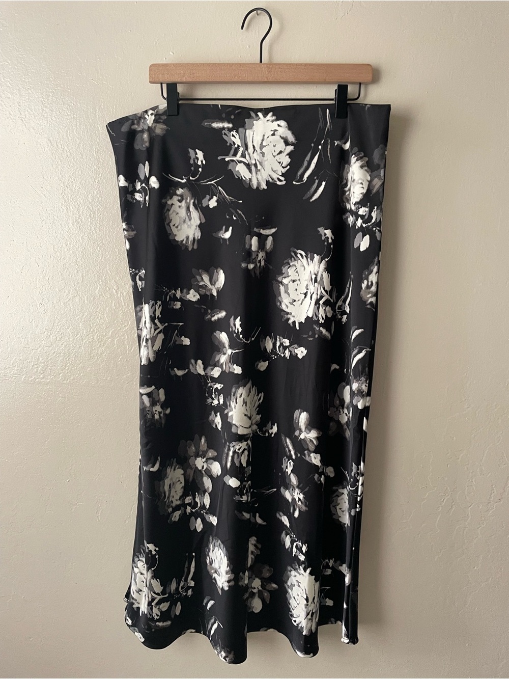 GAP Black satin midi Skirt with White Floral Print